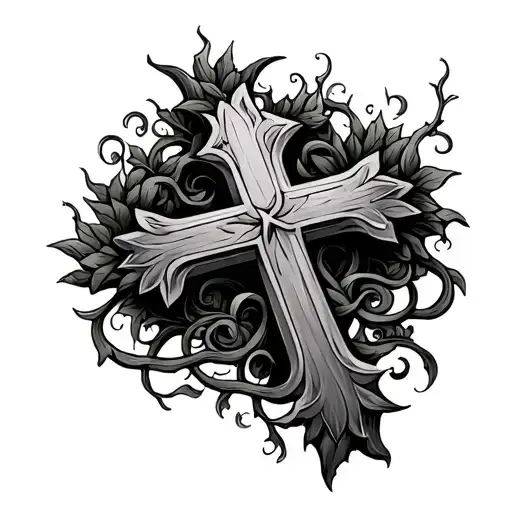 Cross With Vines In The Background And Intertwining With The Cross