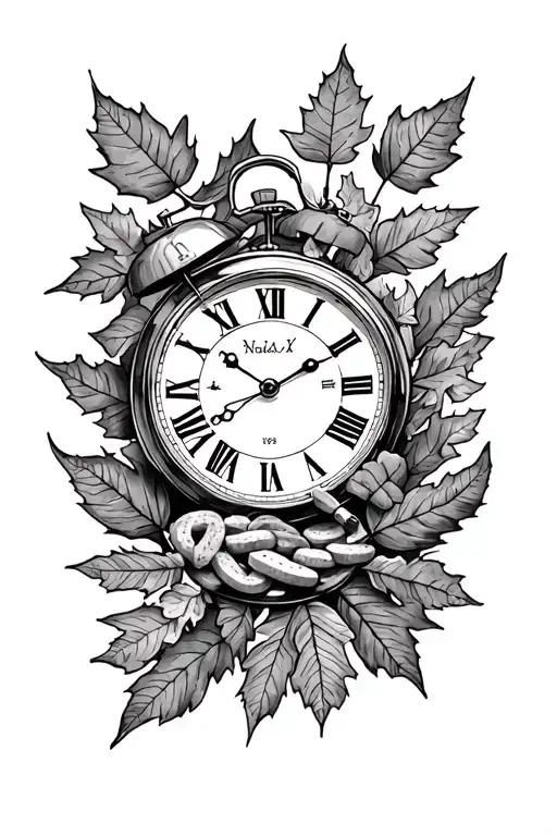Clock And Snacks And Autumn Leaves