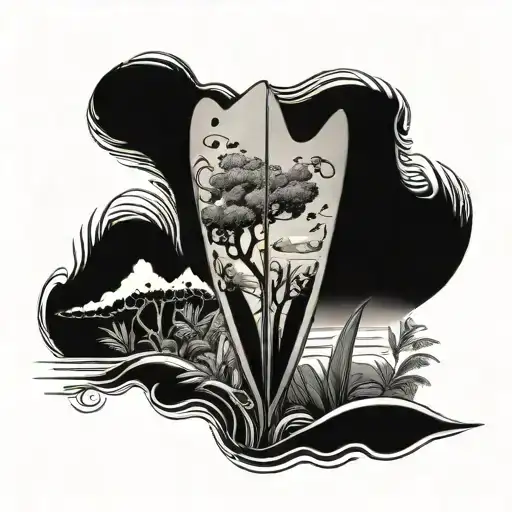 A Stylized Surfboard Fin Incorporating Elements Of Nature Like Trees And Animals