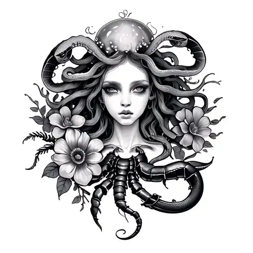 Medusa Tattoo With A Jelly Fish A Snake A Scorpion And Hi I Use Flowers