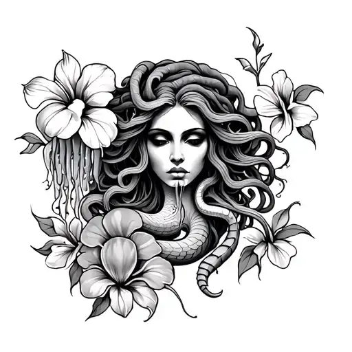 A Medusa Tattoo With A Jellyfish A Snake And A Scorpion With Hibiscus Flowers