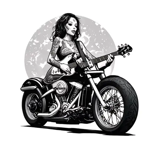 Tatted Girl Playing Guitar On Chopper Motorcycle