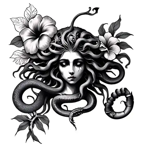 A Medusa Tattoo With A Jellyfish A Snake And A Scorpion With Hibiscus Flowers