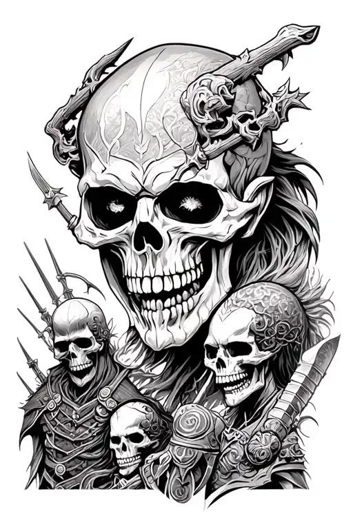 Hades Head In Background And Skeleton Warriors