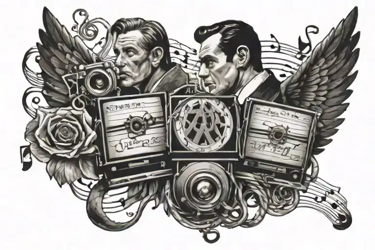 An Intricate Design Featuring Classic Movie Scenes Intertwined With Old Music Notes