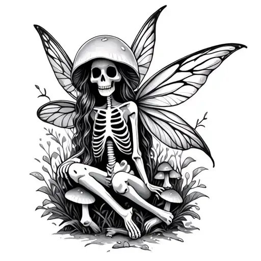 Skeleton Mushroom Fairy Surrounded With Bones And Mushrooms