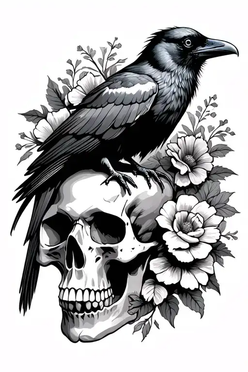 Raven Sitting On Skull With Some Flowers In The Background