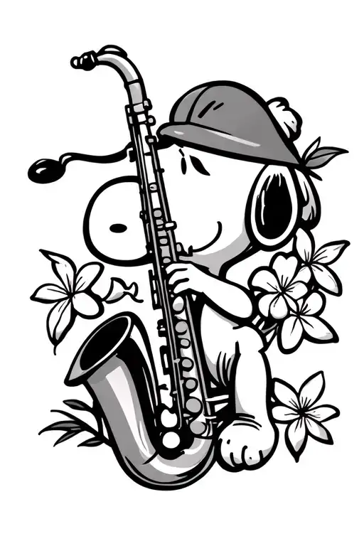 Snoopy Playing An Alto Saxophone With Plumeria Flowers On The Bell