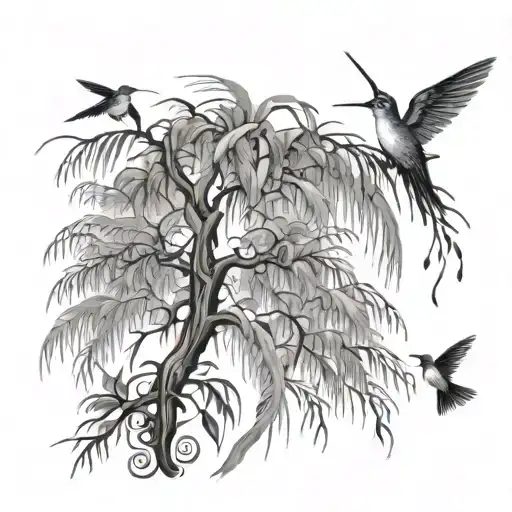 Weeping Willow Tree With Hummingbirds Flying