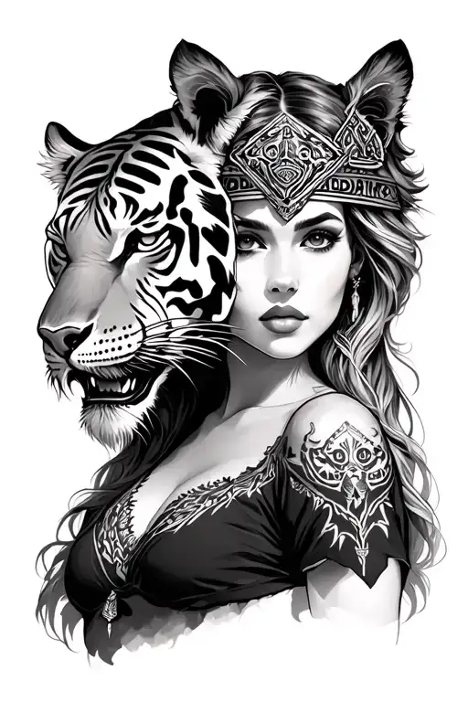 Lady With Sabertooth Tiger Headpiece
