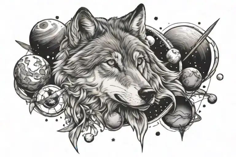 Wolf In Cosmos Surrounded By Planets