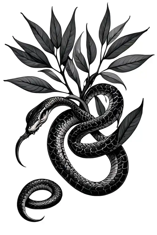 Thin Snake Wrapped Around Olive Branch Surrounded