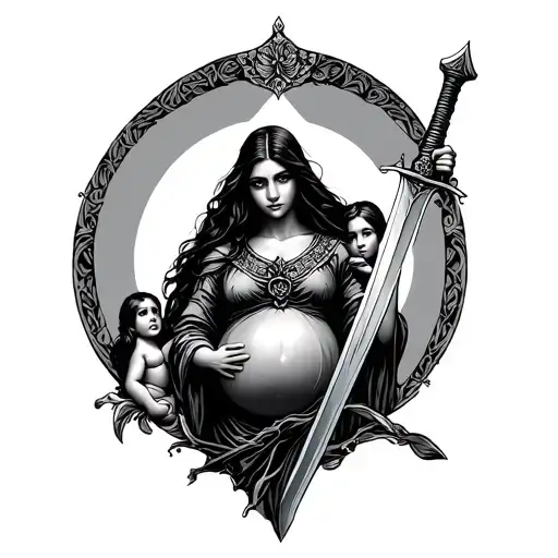 A Pregnant Woman Holding A Sword To Protect Children Represented