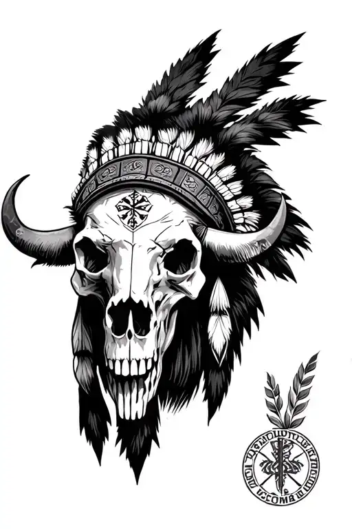 Native American Warrior With Bison Skull And Medical Motive