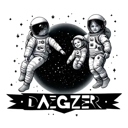 Small Tattoo With Three Little Girl Astronauts Floating Together With Name Dagzer