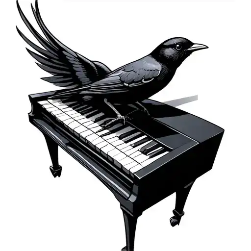 Blackbird On Top Of Piano Keyboard One Wing Up