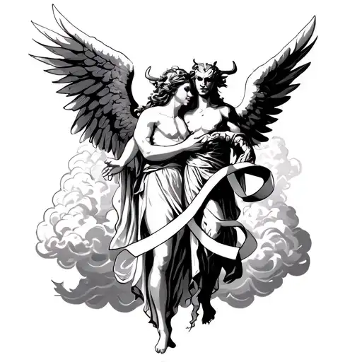 Angel And Demon Holding A Ribbon With Clouds Surrounding