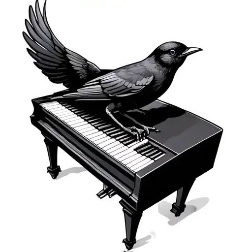 Blackbird On Top Of Piano Keyboard One Wing Up