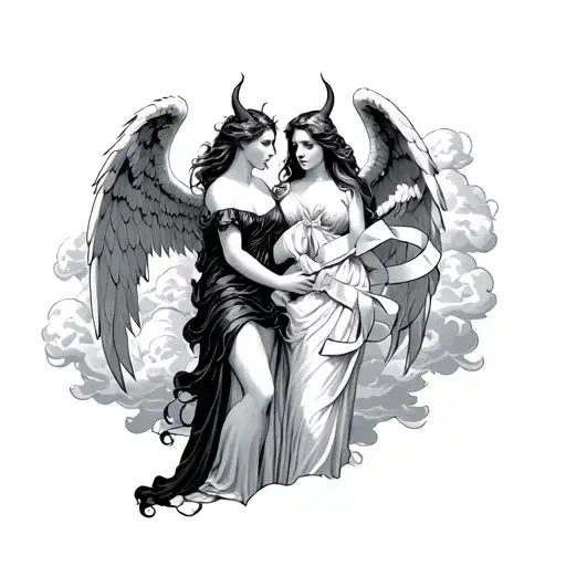 Angel And Demon Women Holding A Ribbon With Clouds Surrounding