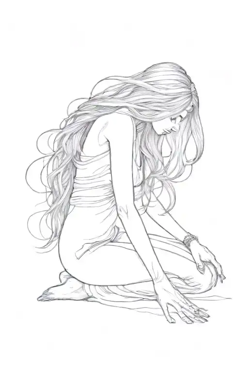 A Woman Begging On Her Knees With Long Hair Bowing Her Head