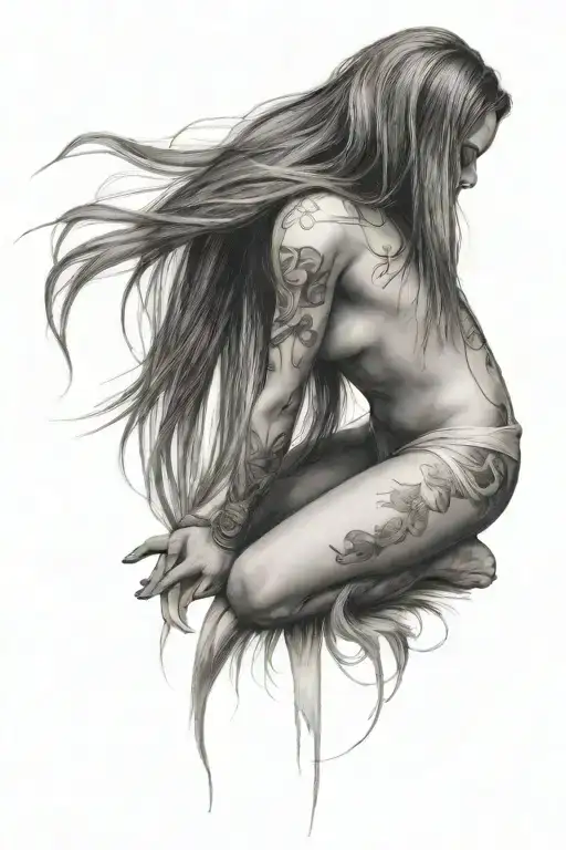 A Woman Begging On Her Knees With Long Hair Bowing Her Head