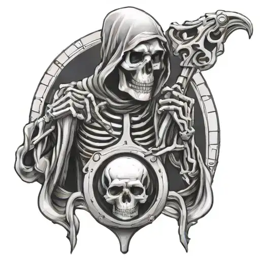 Skull Reaper Holding Hour Glass With Skeleton Hand