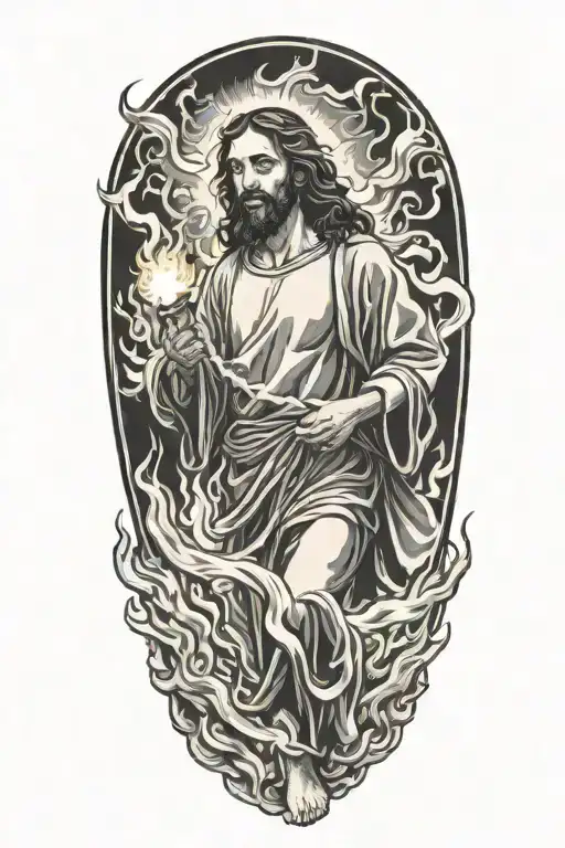 Jesus Carrying A Fire Hose With Flames In The Background