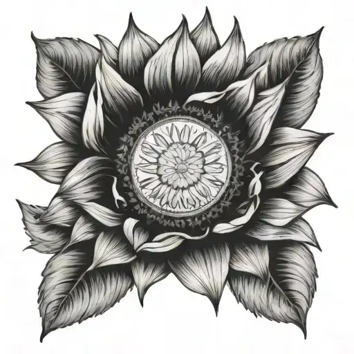A Realistic Portrait Of A Sunflower And Tulip With A Shiny Penny At The Center