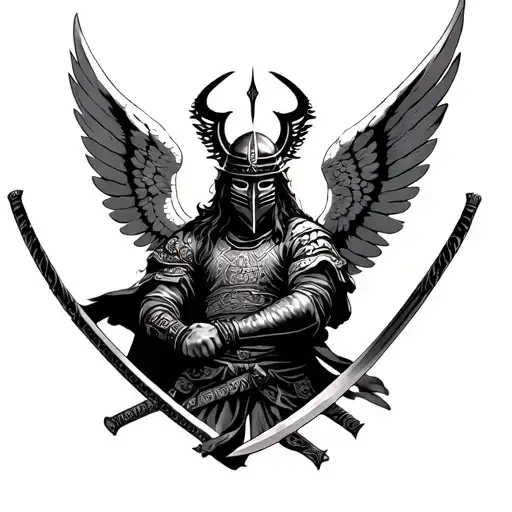 Full Body St Michael The Archangel With Samurai Mask And Holding A Katana