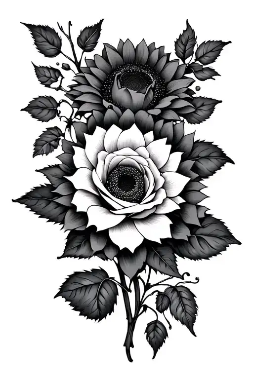 Sunflower And Rose And Leaves