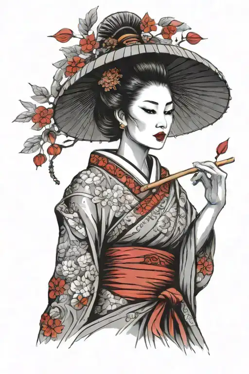 A Geisha Closeup With Umbrella And Temple Design Featuring A Tree With Red Leaves