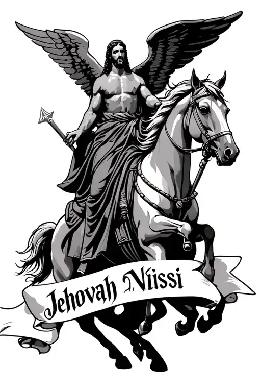 Jesus As A Warriro On A Winged Horse With A Banner Going Across That Says Jehovah Nissi