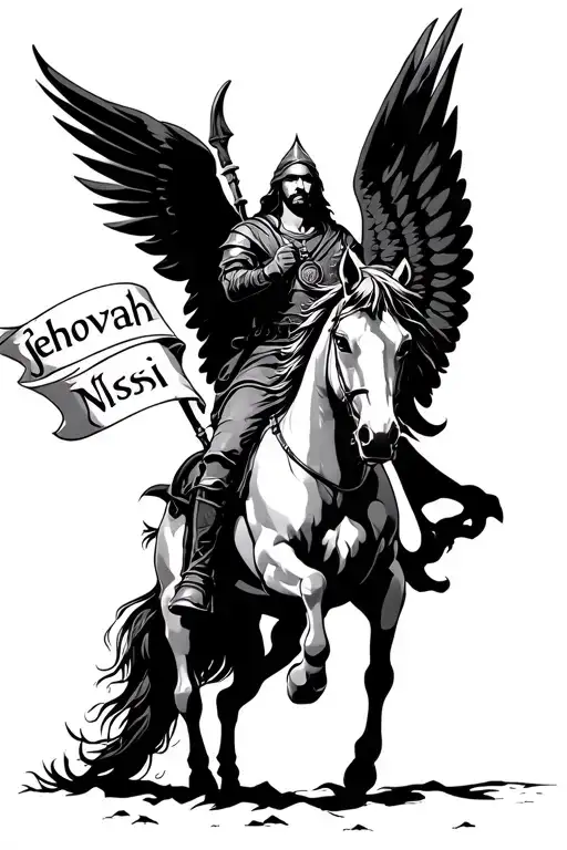 A Warrior On A Winged Horse With A Banner Going Across That Says Jehovah Nissi