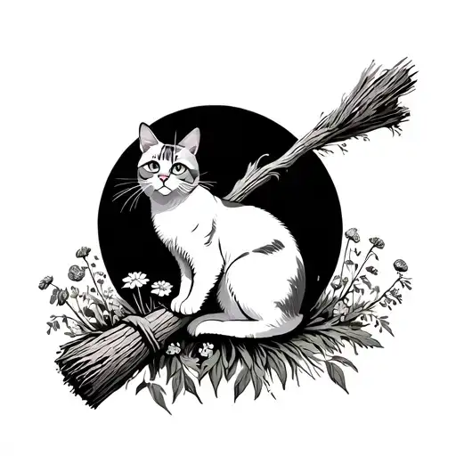 Simple Circle Drawing With Cat On A Broomstick With Wildflowers