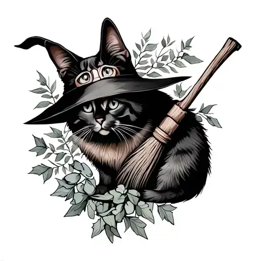 Witches Cat And Broom With Eucalyptus