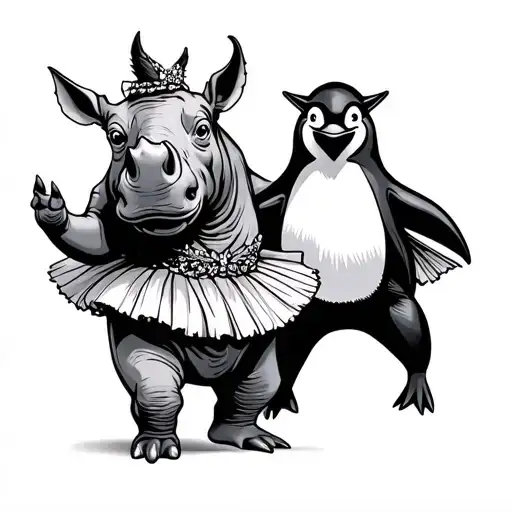 Cartoon Rhino And Penguin Wearing Tutus Dancing Together