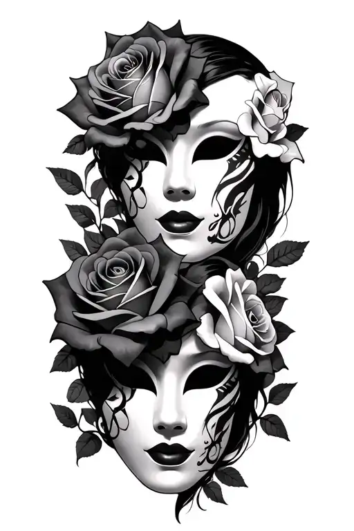 Three Female Drama Mask With Roses Intertwined