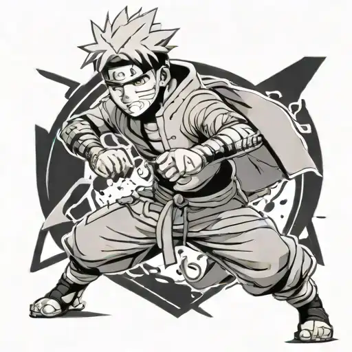 Create A Black And Grey Portrait Tattoo Of Naruto In A Dynamic Fighting Pose