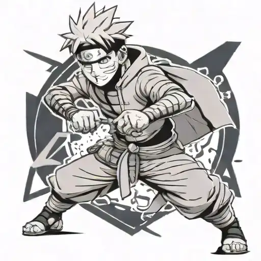 Create A Black And Grey Portrait Tattoo Of Naruto In A Dynamic Fighting Pose
