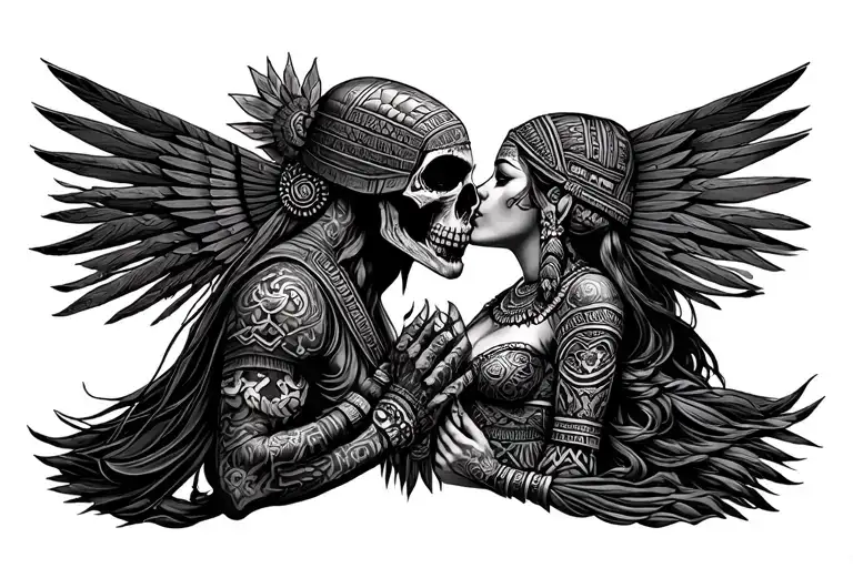 Aztec Grim Reaper Kissing Aztec Godess Full