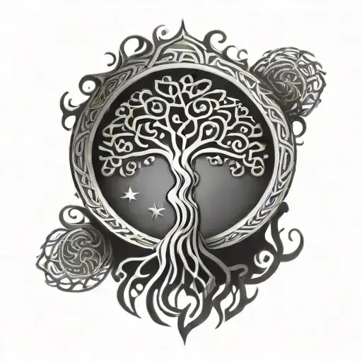 Tree Of Life Celtic Design Incorporating Elements Like Stars