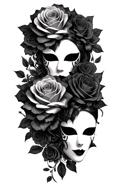 3 Female Drama Masks With Roses Intertwined