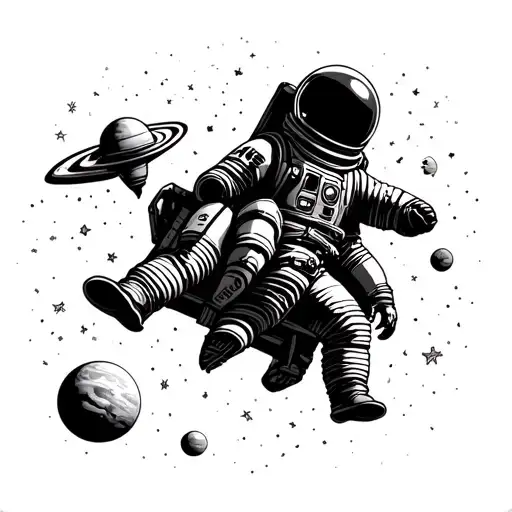 Astronaut Floating In Space With A Rocketship And Planets
