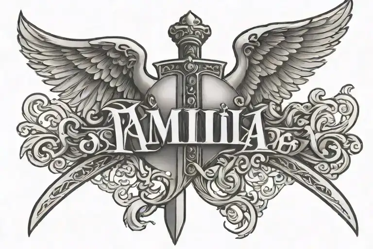 A Tattoo With Wings And A Sword With The Word Familia Written On It