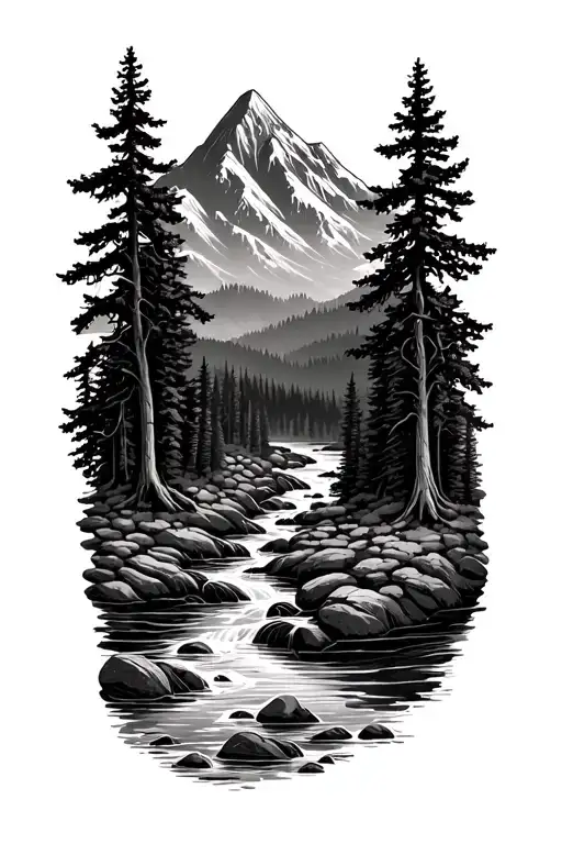 Forest With River Flowing And Mountain In Background