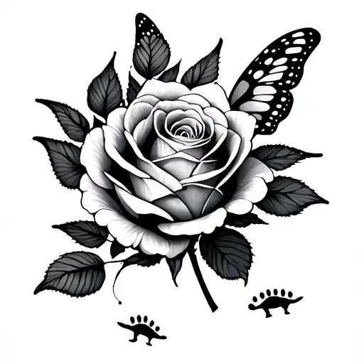 A Rose With Butterfly Wings And Tiny Dinosaur Footprints