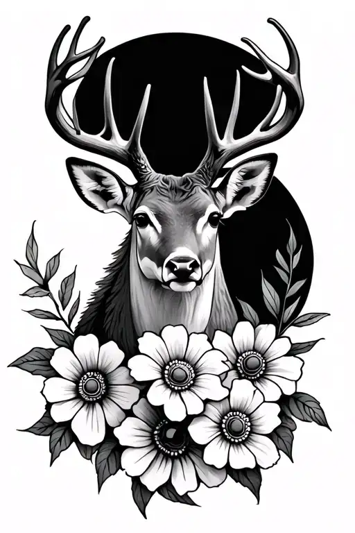 Deer Head And 3 Flowers Below It