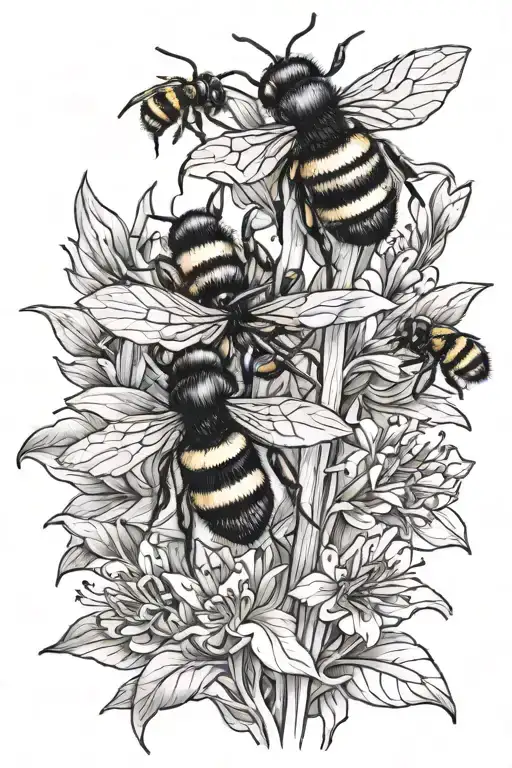 Design A Black-grey Tattoo Of A Saffron Plant With Bumblebees Buzzing Around It