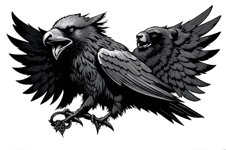 Celtic Raven With A Bear Head In The Wing Attached