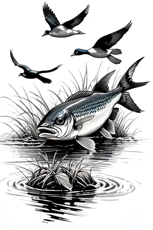 Fish In A Stream With Ducks Flying Over It